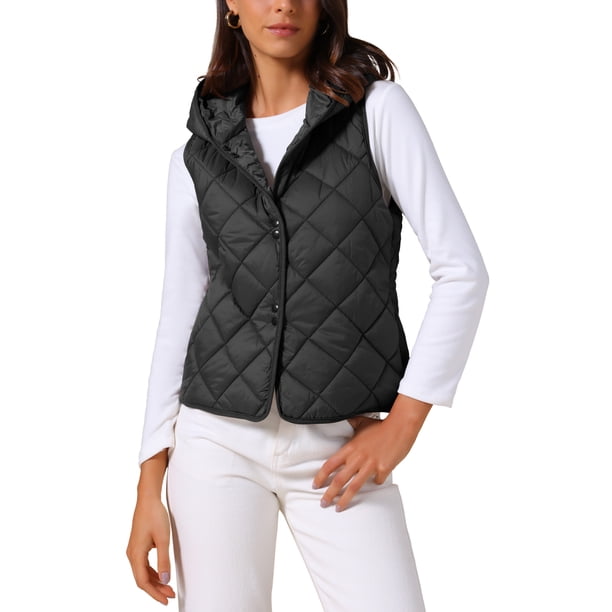 Chaleco acolchado ligero con capucha para mujer, con botones, sin mangas, XL, negro