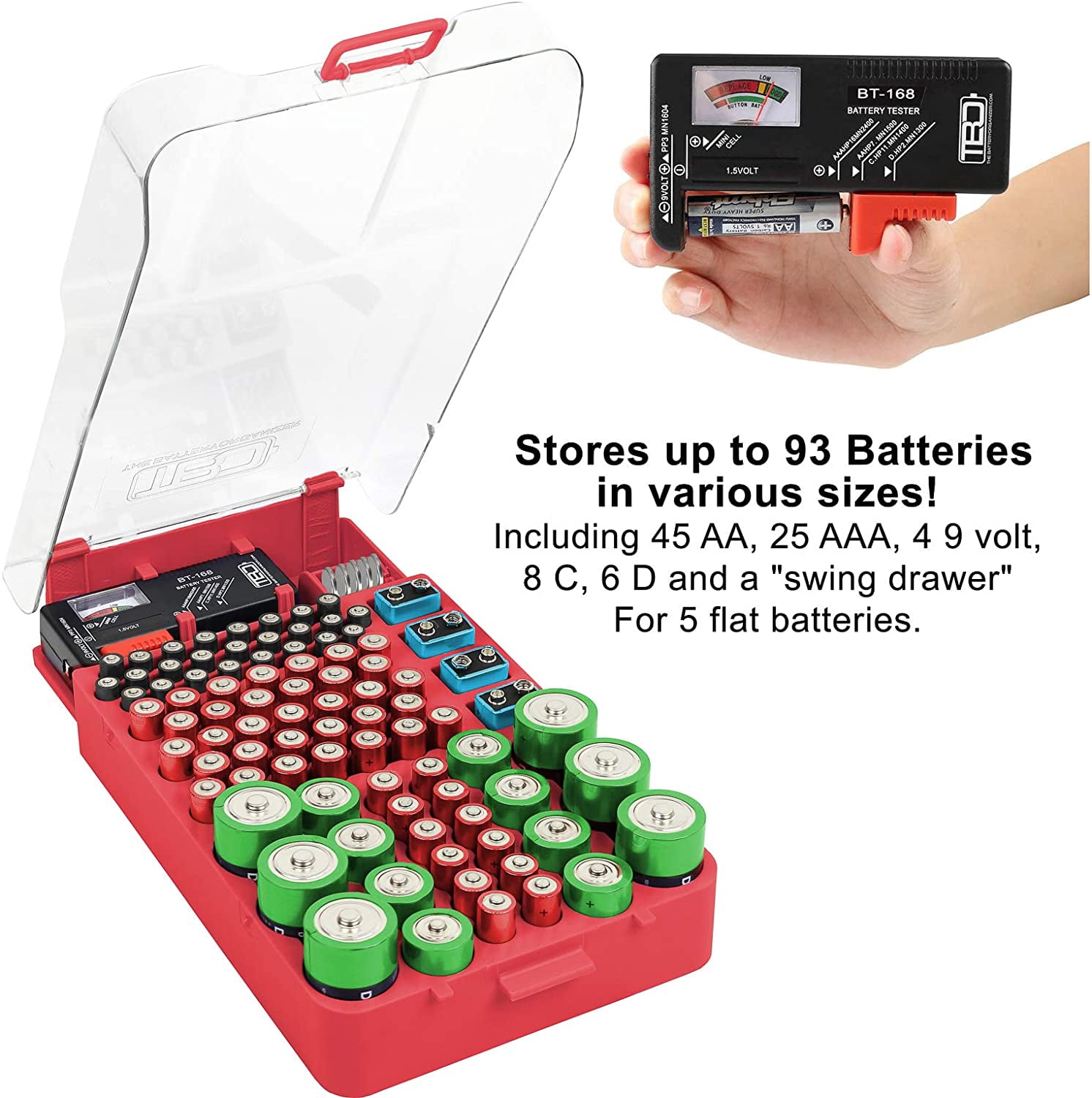 The Battery Organizer Storage Case with Hinged Clear Cover and closing latch, includes a Removable Battery Tester, Holds 93 Batteries Various Sizes (Red)