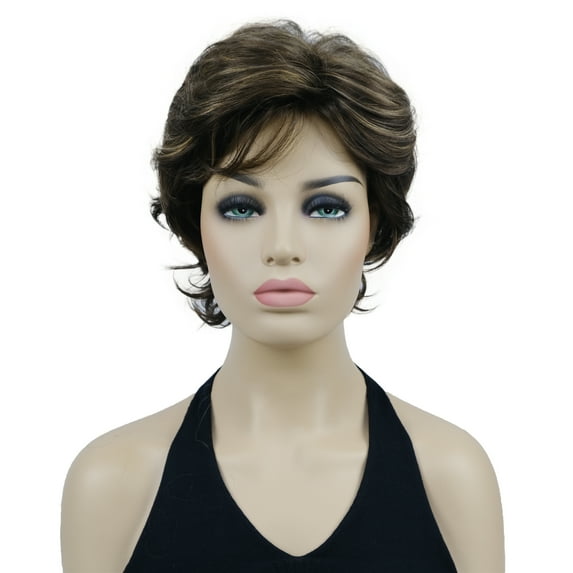 Women's Short Curly Wavy Wig Synthetic Hair Full Wig for Daily Use, 6 inches, Brown with Highlights