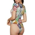 thumbnail image 3 of KLL Women 's Crew Neck Bodysuit Jumpsuits Travel Stamp Print Short onesies Stretch T Shirts, 3 of 7