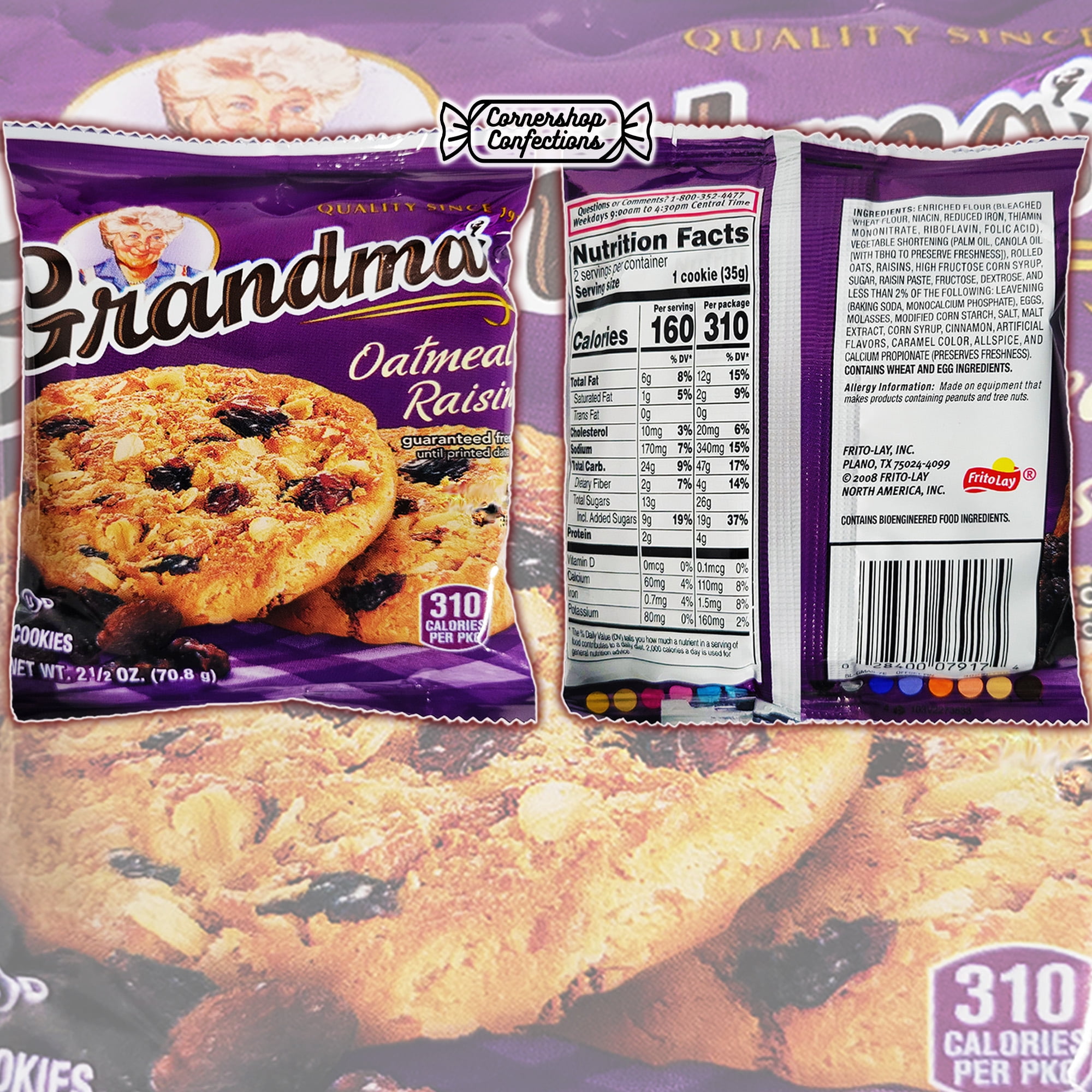 Grandma's Oatmeal Raisin Cookies Bulk Pack - 20 Individually Sealed 2.5 ounce Bags, Each With 2 Large Cookies - For Birthdays, Lunchboxes, Work Snacks, Road Trips in Cornershop Confections Pack