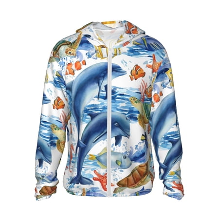 Daiia Marine Animals UPF 50+ Sun Protection Hoodie Jacket Lightweight Long Sleeve Sun Shirt for Women Men with Pocket Hiking Outdoor-Small