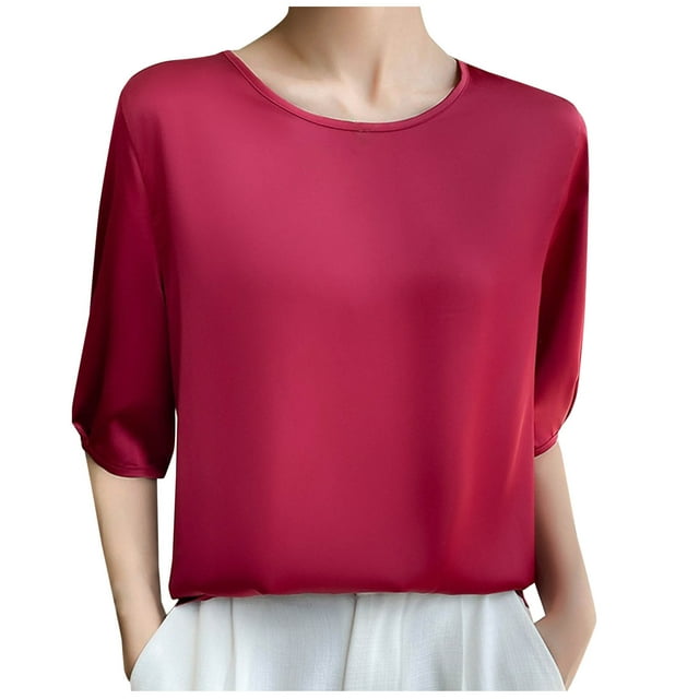 Plebaso Hauts à Col Rond pour Femmes Manches Mi-Longues Été Décontracté Blouses Amples Couleur Unie Hauts Élégants pour Femmes
