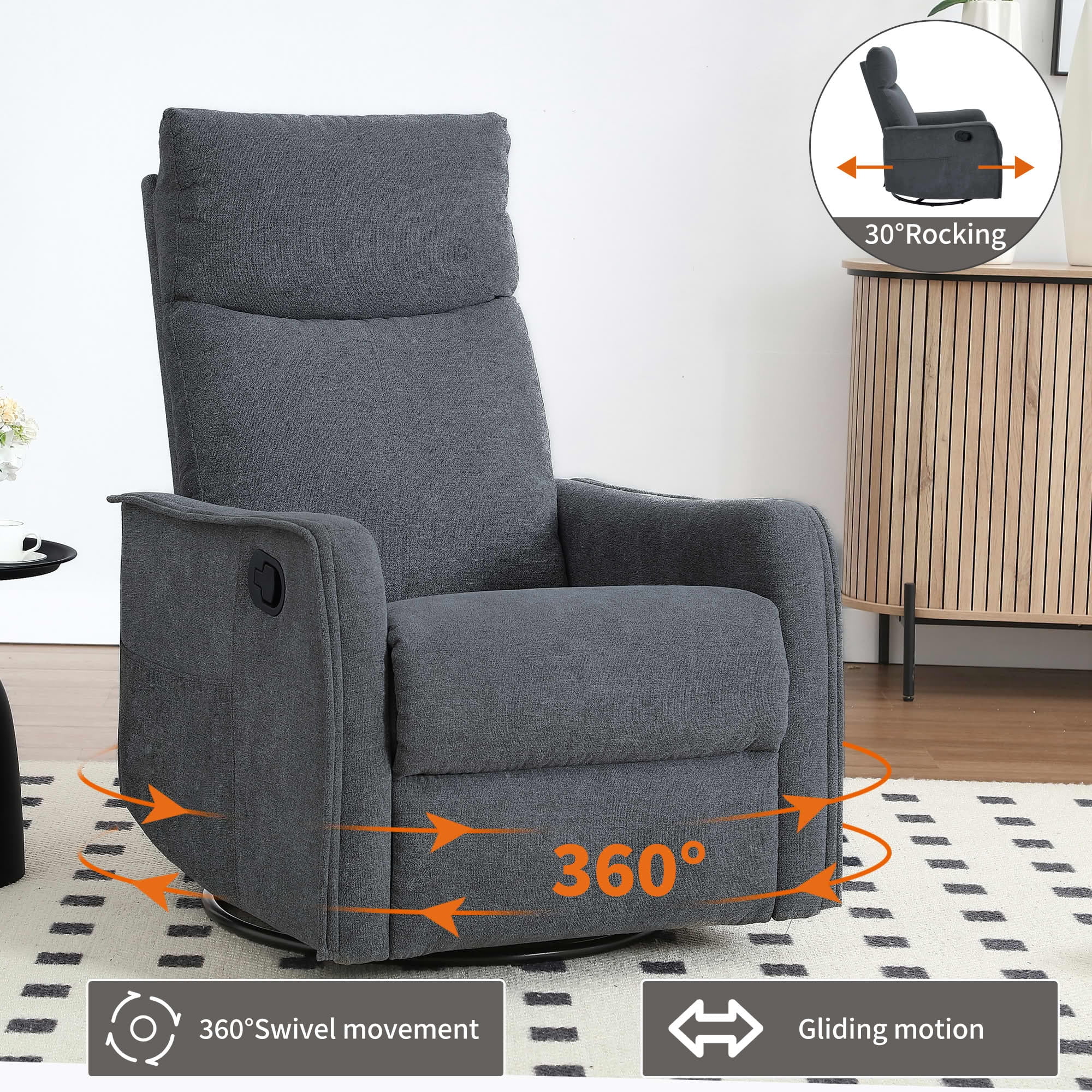 MAYEERTY Dark Grey Heat Massage Recliner Chair, 360° Swivel Rocker 27"x36"x40" for Living Room