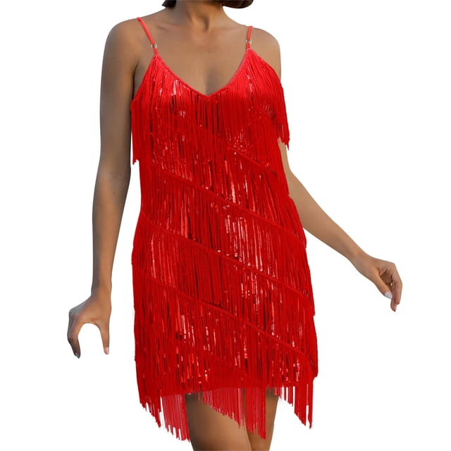 EQWLJWE Robe Longue pour Femmes Mode Féminine Bretelles Col Rond Sequins Plumes Sans Manches Robe Mini Unie Robe de Soirée