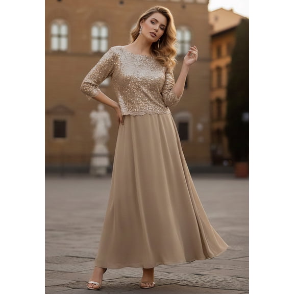 Roaman's Women's Plus Size Petite Plus Size Sequin Lace Three Quarter Sleeve A-Line Gown