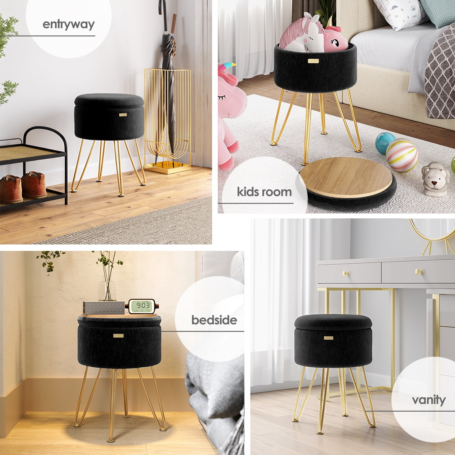 Hearth & Harbor Round Ottoman with Storage, Luxurious Foot Stool and Chic Vanity Stool with Storage, Elegant Textured Velvet Black