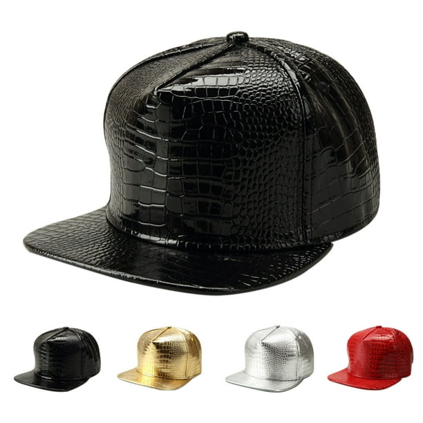 EeaseMX Gorra de béisbol unisex de piel sintética con diseño de cocodrilo, ajustable, estilo hip hop, con visera plana y cierre trasero (negro)