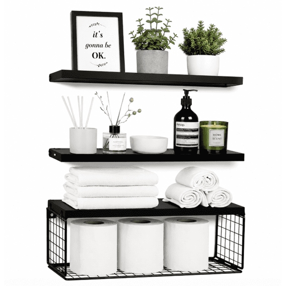 Bathroom Shelves Over Toilet, 3 Tier Wall Mounted Floating Shelves With Toilet Paper Storage, Black Metal Frame Shelf Organizer For Bathroom Bedroom Kitchen