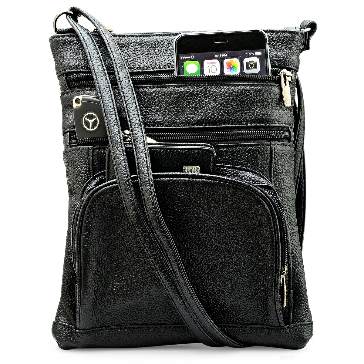 Black 6 Pocket Soft Lambskin Leather Cross Body or Shoulder Bag Light Weight 