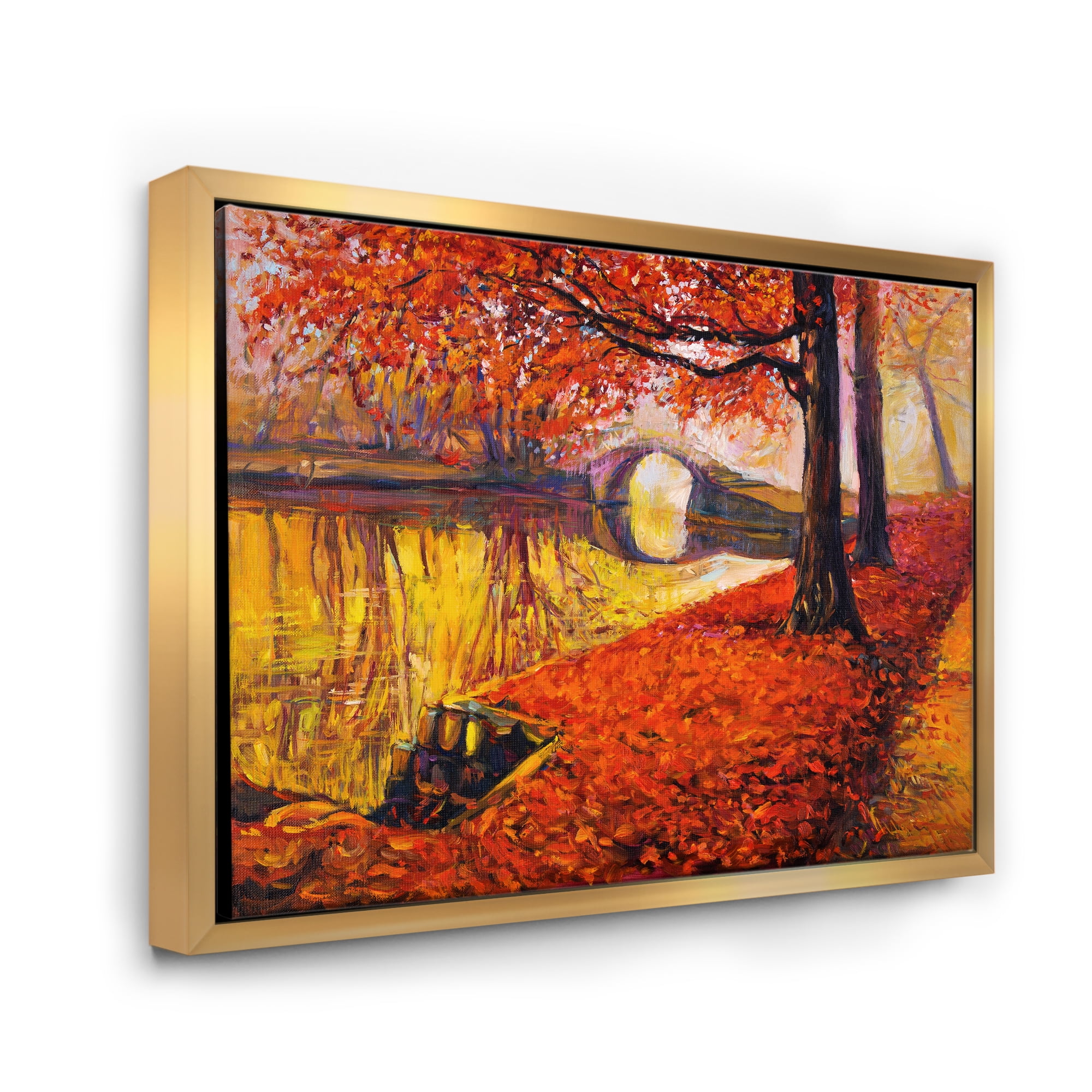 Little Bridge In Deep Orange Autumn Landscape I 32 in x 24 in Framed Painting Canvas Art Print, by Designart