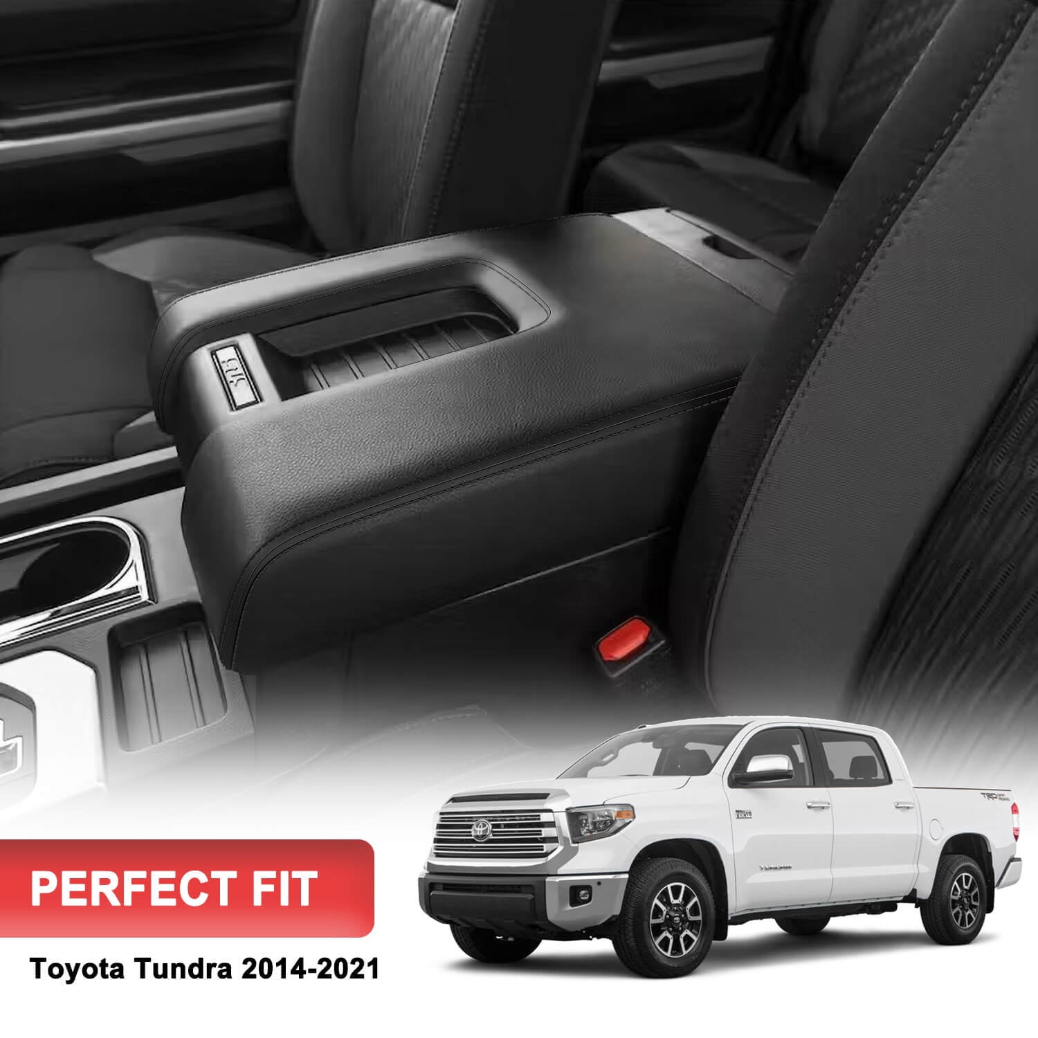 KBH Center Console Lid Replacement for Toyota Tundra 2014-2021, Black Leather Armrest Cover Skin Uhpholstery for Truck Interior Accessories (Leather Part Only)