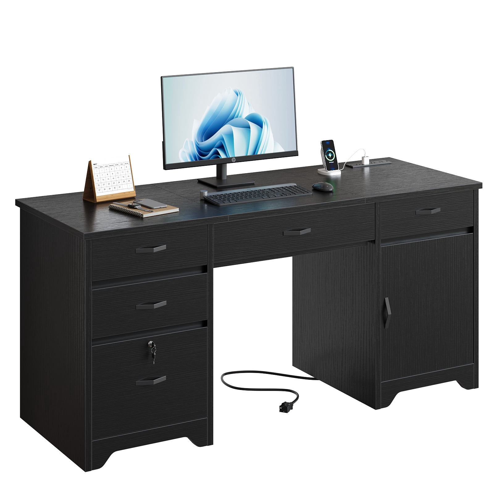 Bestier Computer Desk with 5 Drawers, 59'' Office Desk with Storage, Modern Executive Desk with File Drawers and Storage Cabinets, Charging station, Keyboard Tray, Suitable for Study& Bedrooms Black