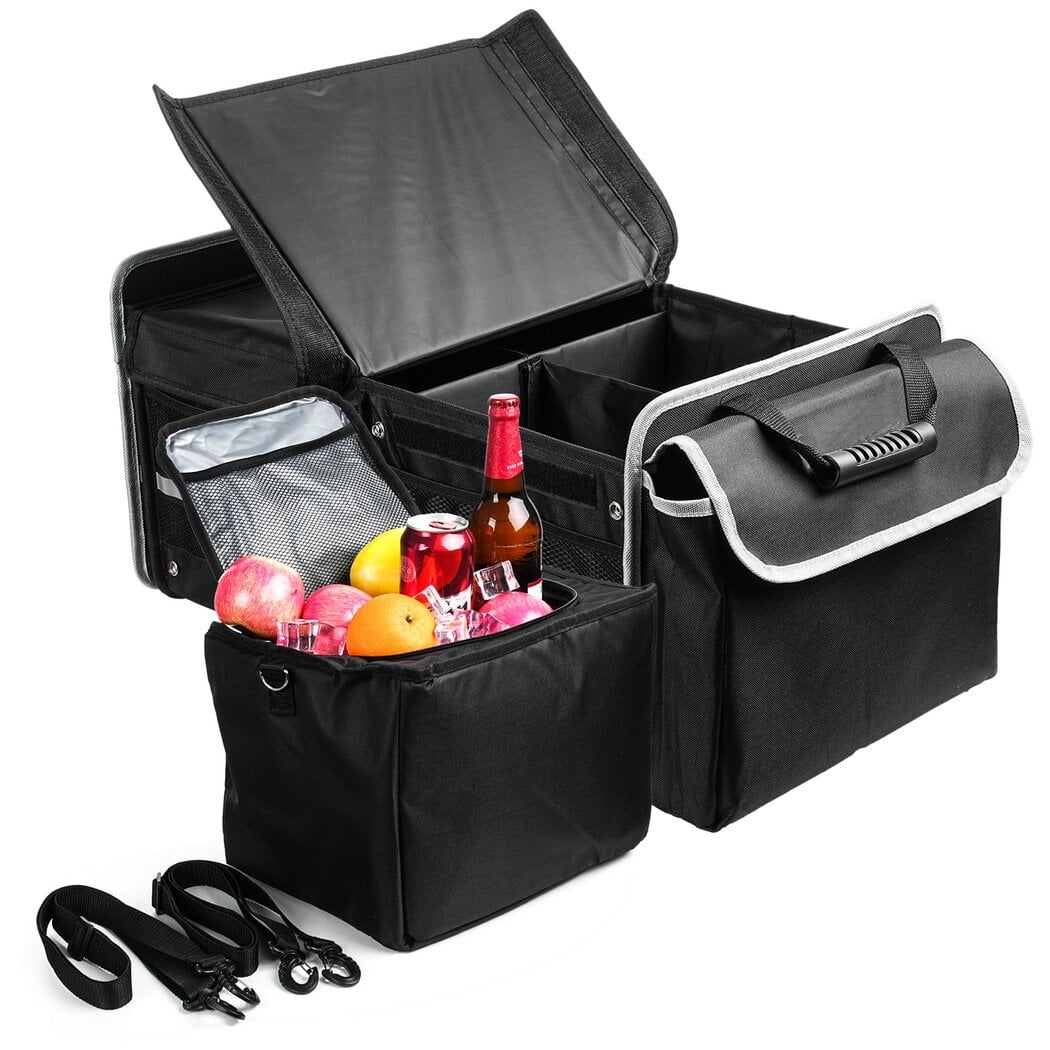 Trunk Organizer with Cooler Bag Large Capacity Collapsible Trunk Organizer 3 Compartments Storage Box with Removable Dividers and Lid SUV Cargo