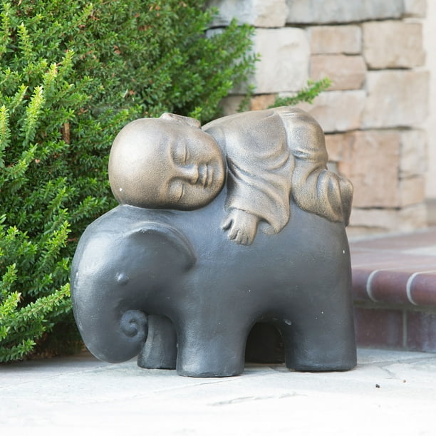 Shaolin Monk on Elephant Buddha Zen Garden Statues Good Luck Elephant