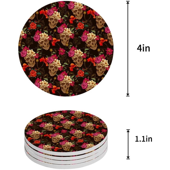 FMSHPON Halloween Flowers Skull Skeleton Set of 4 Round Coaster for Drinks, Absorbent Ceramic Stone Coasters Cup Mat with Cork Base for Home Kitchen Room Coffee Table Bar Decor