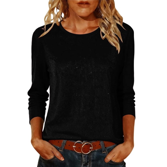 Htigea Women's 3/4 Sleeve T Shirts Sequin Sparkly Crew Neck Tunic Tops Casual Comfy Pullover Tees Spring Summer Outfits Black S
