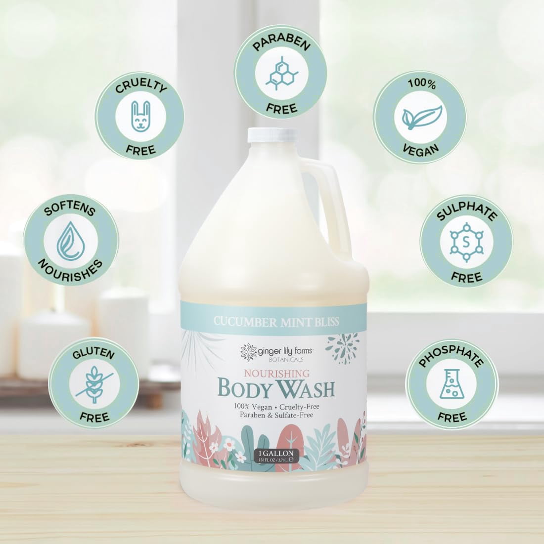Ginger Lily Farms Botanicals Nourishing Body Wash, 100% Vegan & Cruelty-Free, Cucumber Mint Bliss Scent, 1 Gallon (128 fl oz) Refill