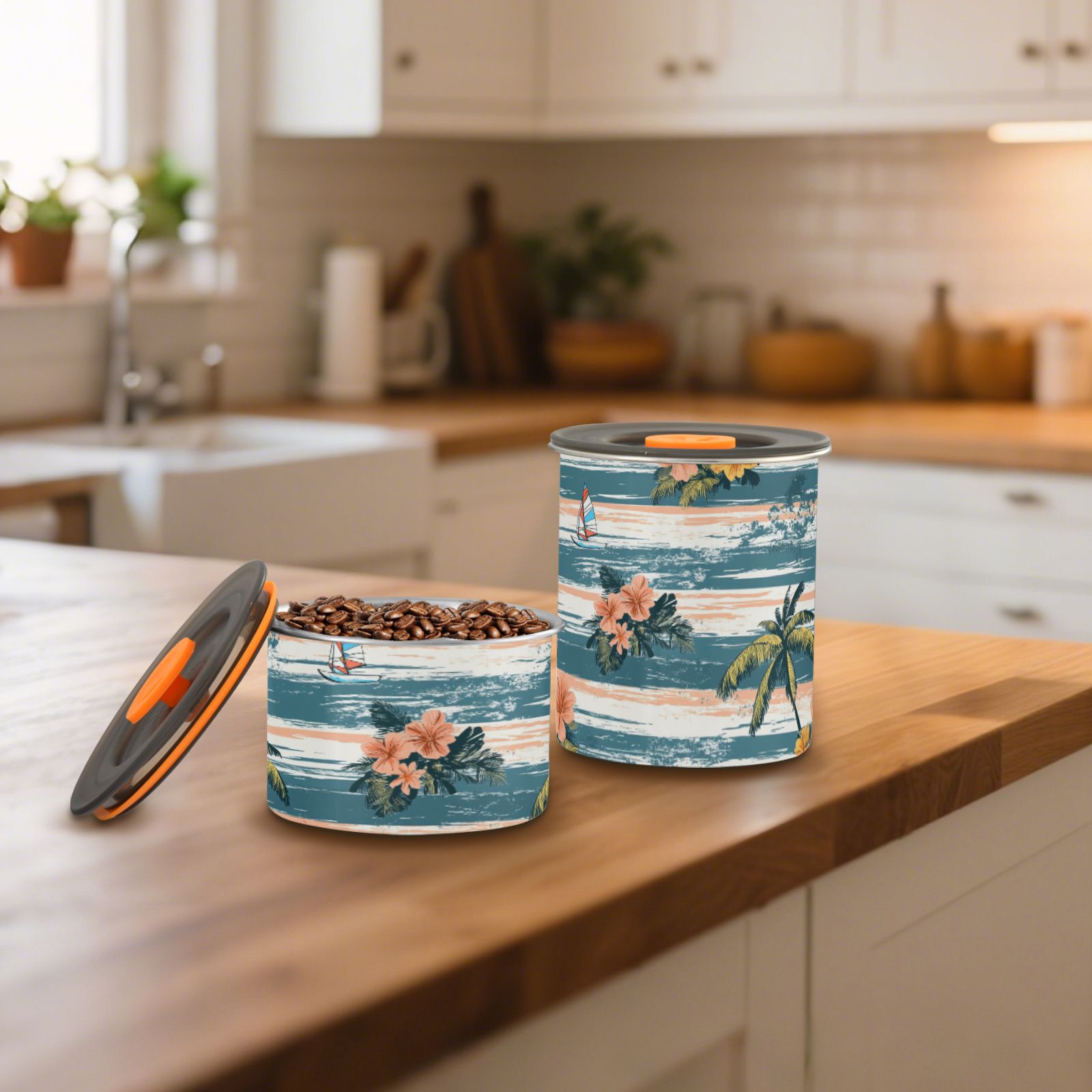 Sailboat Flower Stripes Airtight Coffee Bean Canister 30oz Food Storage Containers with Lids For Gournd, Tea, Sugar, Flour, Rice, Cereal, Candy Cookie Jar