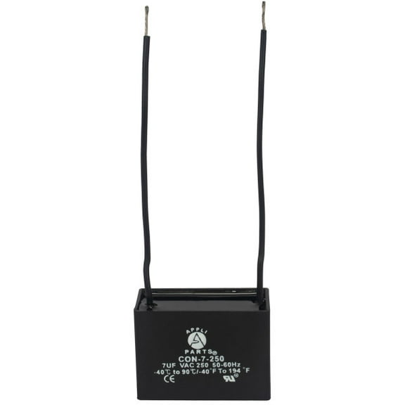 Appli Parts Fan Capacitor 7 mfd (microfarads) uf 250 VAC with 2 Wire Terminal Connections compatible with any brand with same capacitance  1-7/8in Width 7/8in Depth 1-3/8in Height CAP-7-250-2C