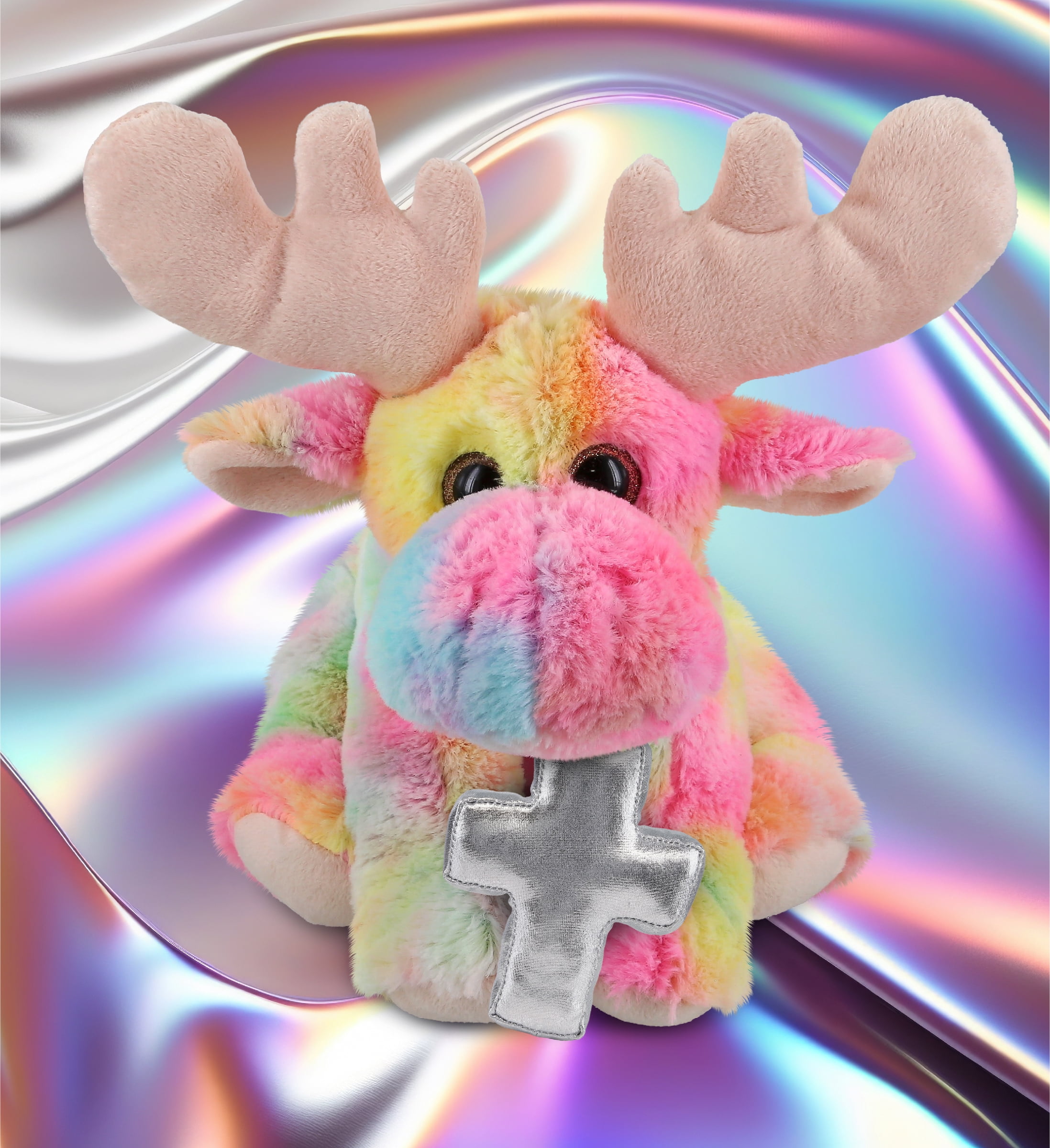 DolliBu Rainbow Floppy Moose Stuffed Animal with Silver Cross Plush - Religious Baptism Gifts for Boys and Girls, Dedication Christening Gifts Plush Prayer Toy Healing Stuffed Animal - 9 Inches