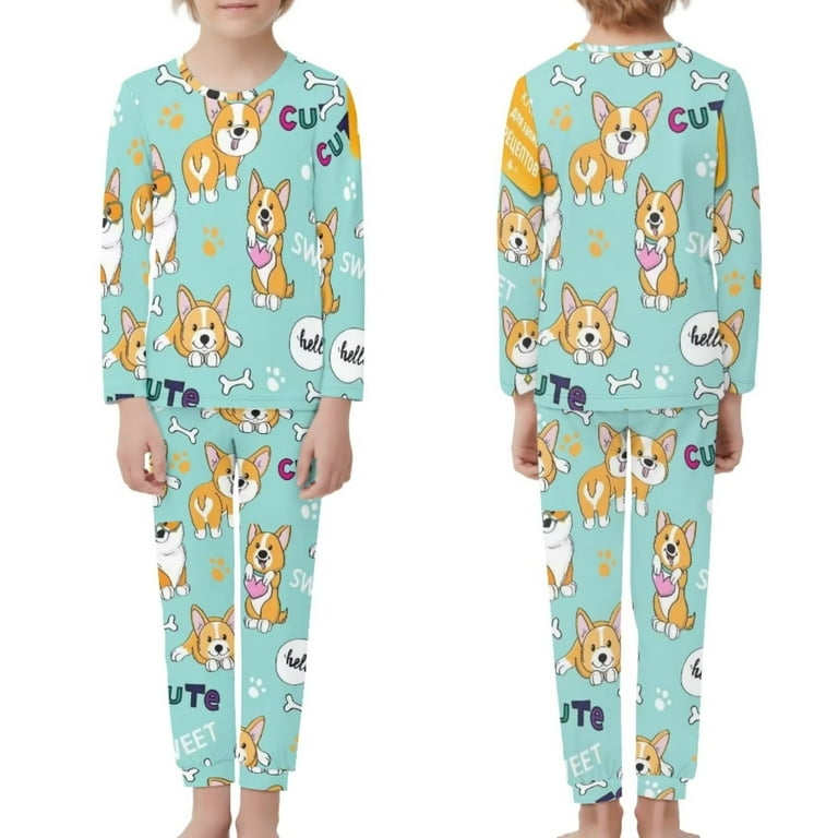 FKELYI Cute Corgi Long Sleeve Pjs Leisure Vacation Children Pajamas Girls Size 3 4 T 2 Piece Stretchy Nightwear for Kids Girls