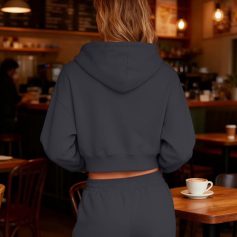 トップス double zip short hoodie UQJfacai Zip Up Hoodie Women Cropped Casual Sweatshirts Workout