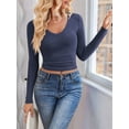 thumbnail image 2 of Long Sleeve Shirts for Women 2025 Fall Fashion V Neck Basics Crop Tops Slim Fitted Y2K Tops Outfits Clothes Blue L, 2 of 8