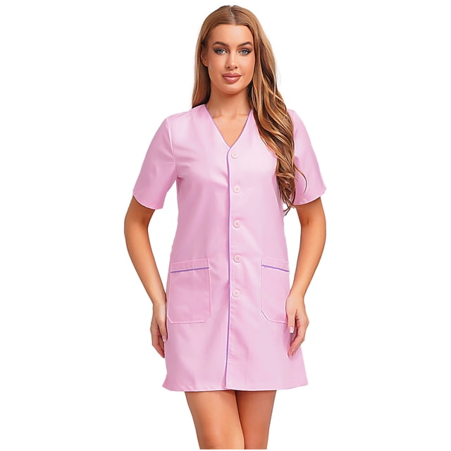 Yhong Womens Short Sleeve V Neck Work Dress Button Front Pockets Knee Length For Beauty Salon Pink L