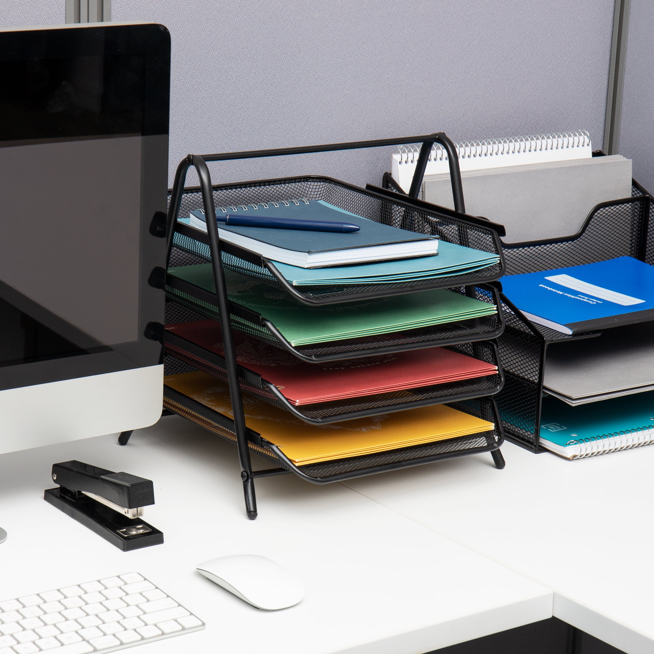 Mind Reader 4-Tier Paper Tray, Desktop Organizer, File Storage, Office, Metal, Pack of 2, Black