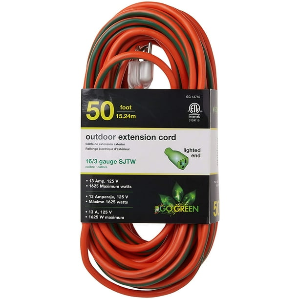 Perfpower Go Green 16/3 Sjtw Outdoor Extension Cord, 50-Feet, Lighted Ends