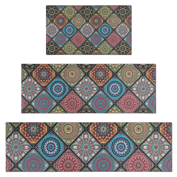 Multicolor Ethnic Mandala Pattern Kitchen Rugs Sets Of 3,Kitchen Runner Rugs Non Skid Washable,Decorative Kitchen Floor Mats for Kitchen,Sink,Laundry,17"x30"  17"x47"   17"x59"
