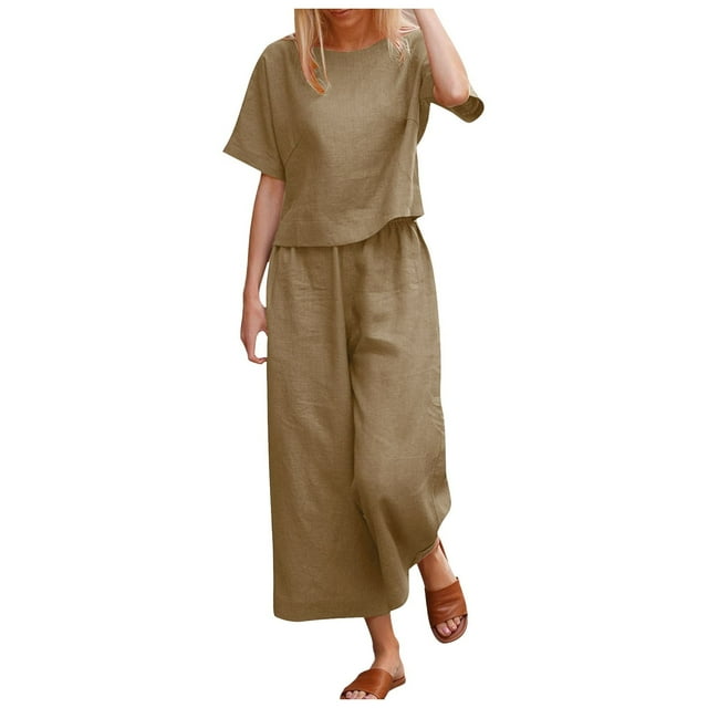 Conjunto de dos piezas para mujer compuesto por top corto y pantalones anchos: manga corta, cuello redondo, conjunto informal de verano