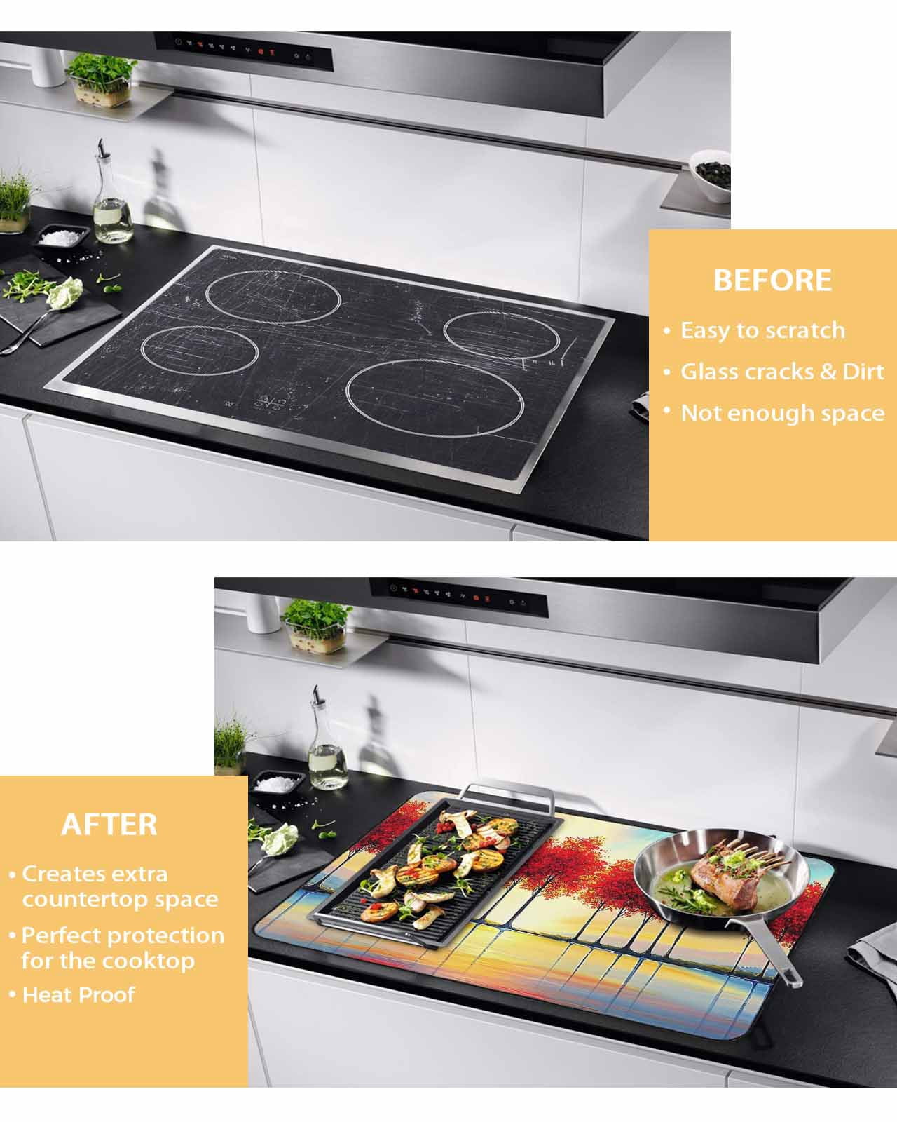 nqOlkjepod Large Induction Cooktop Protector Mat 24"x21", Red Trees Stove Top Covers for Electric Stove, Orange Blue Sunrise Reflection Retro Art Stove Burner Cover Mats, Glass Top Stove Cover