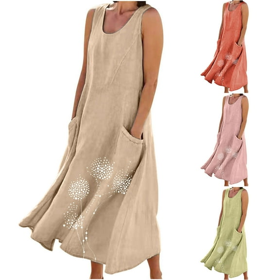 Jacenvly New Summer Dresses for Women 2024 New Women'S Sleeveless Cotton and Linen Round Neck Printed Long Dress Breathable Leisure Sundresses for Women Green
