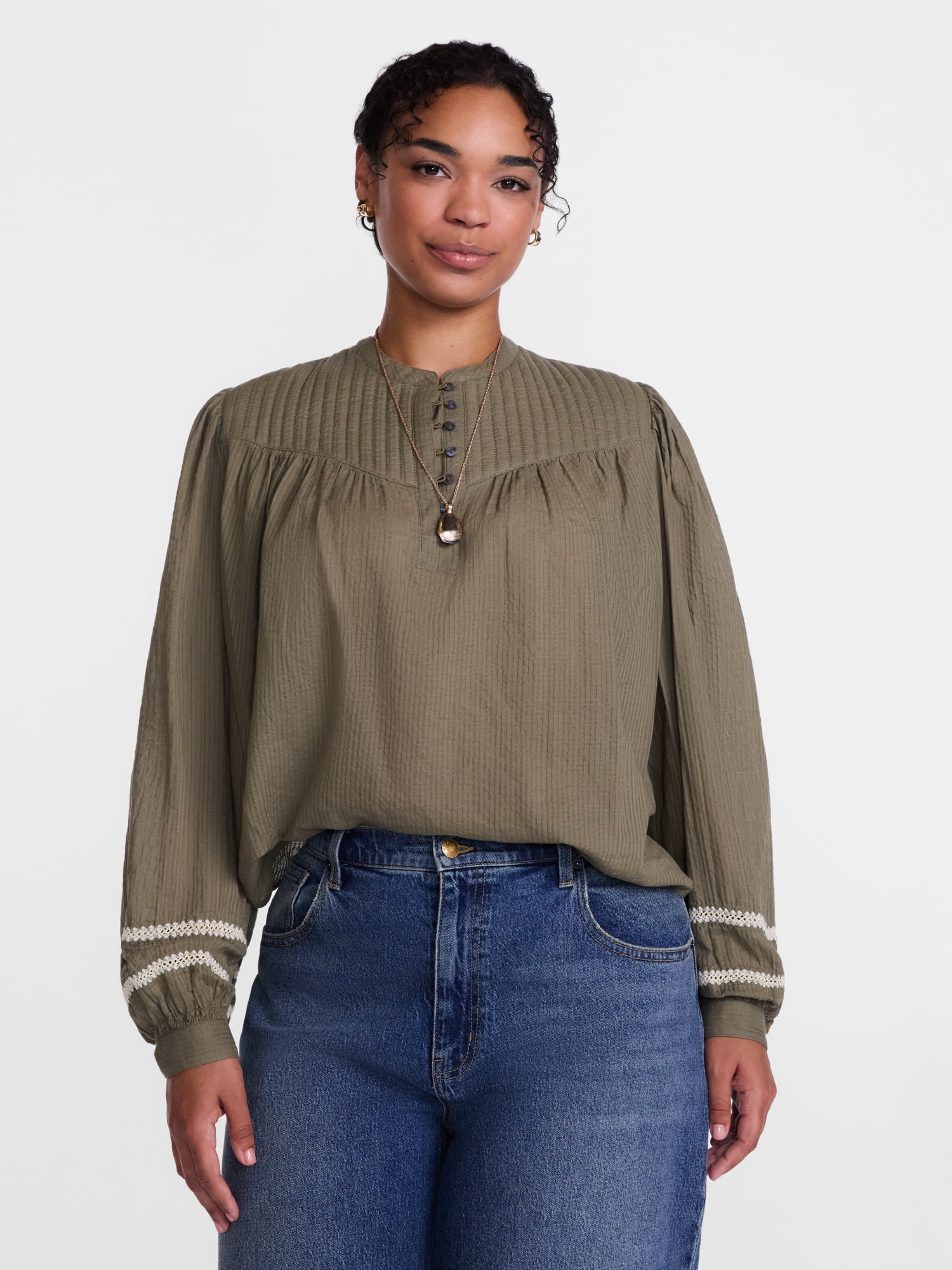 Scenario Women's and Women's Plus Quilted Detail Long Sleeve Top, Sizes XS-4X