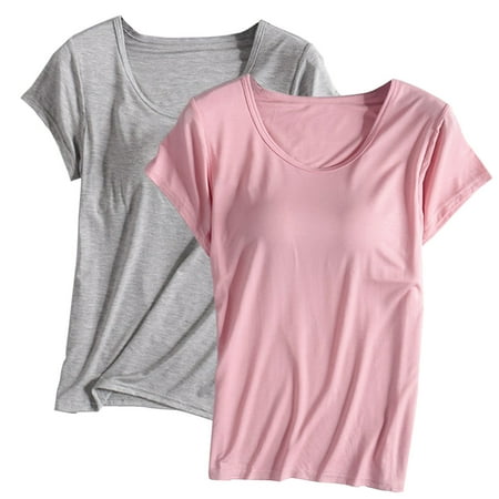 YEYLANERS Summer Savings Yoga Tops with Built in Bra for Women Short Sleeve Crew Neck Cotton Shirts Casual Plus Size Solid Athletic Blouses 2 Packs Underwear Pink XXXL