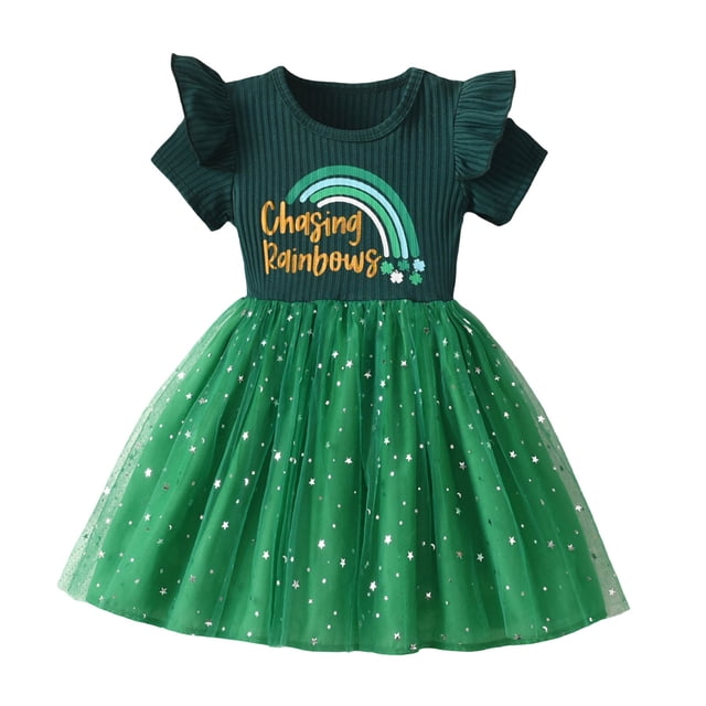 FAOWME Robe de Fête à Manches Courtes pour Filles Tout-Petits Imprimés Lettres Robe de Danse Col Rond Robe d'Été Verte 7-8 Ans