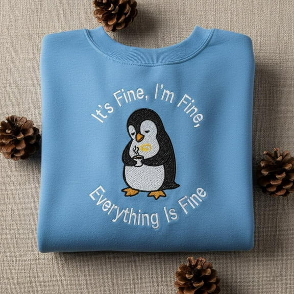 Cute Penguin Embroidered Sweatshirt, It's Fine I'm Fine Everything is Fine, Funny Coffee Bird Crewneck, Winter Animal Top