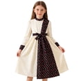 thumbnail image 2 of Qingpeng Girls Dress Long Sleeve Summer Elegant Round Neck Printed Panel Belted Waist Knee Length A Line for Girls, 2 of 7
