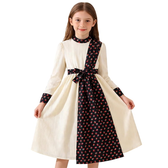 THDHVS Girls Dresses,Girls Print Colorblock Tie Waist Dress Round Neck Long Sleeve Elegant Knee Length Summer,Dresses for Girls 9-10 Years
