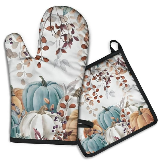 Fall Pumpkins with Leaves Kitchen Oven Mitt and Pot Holder Sets 2 Pcs for Baking, Cooking and Grilling, Heat Resistant Up To 392 °F