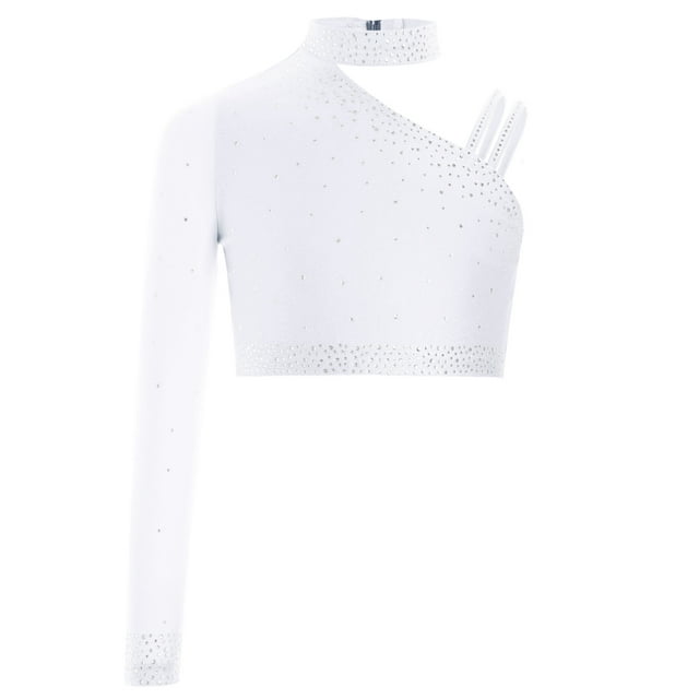 inlzdz Kids Girls Rhinestones Dance Crop Tops Unique Irregular Shoulder Blouse Jazz Ballet Dance White 8