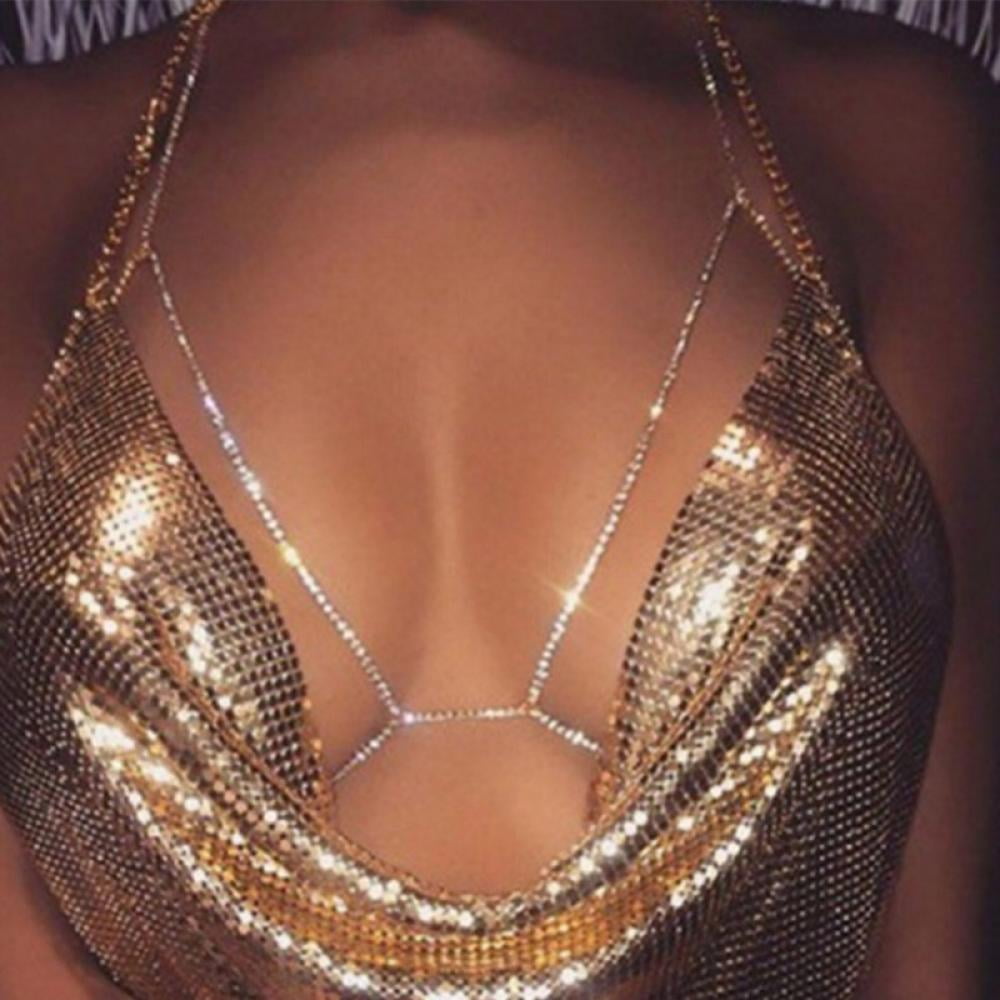 Women Rhinestone Necklace Harness Chest Body Chain Beach Bikini Bra Jewelry