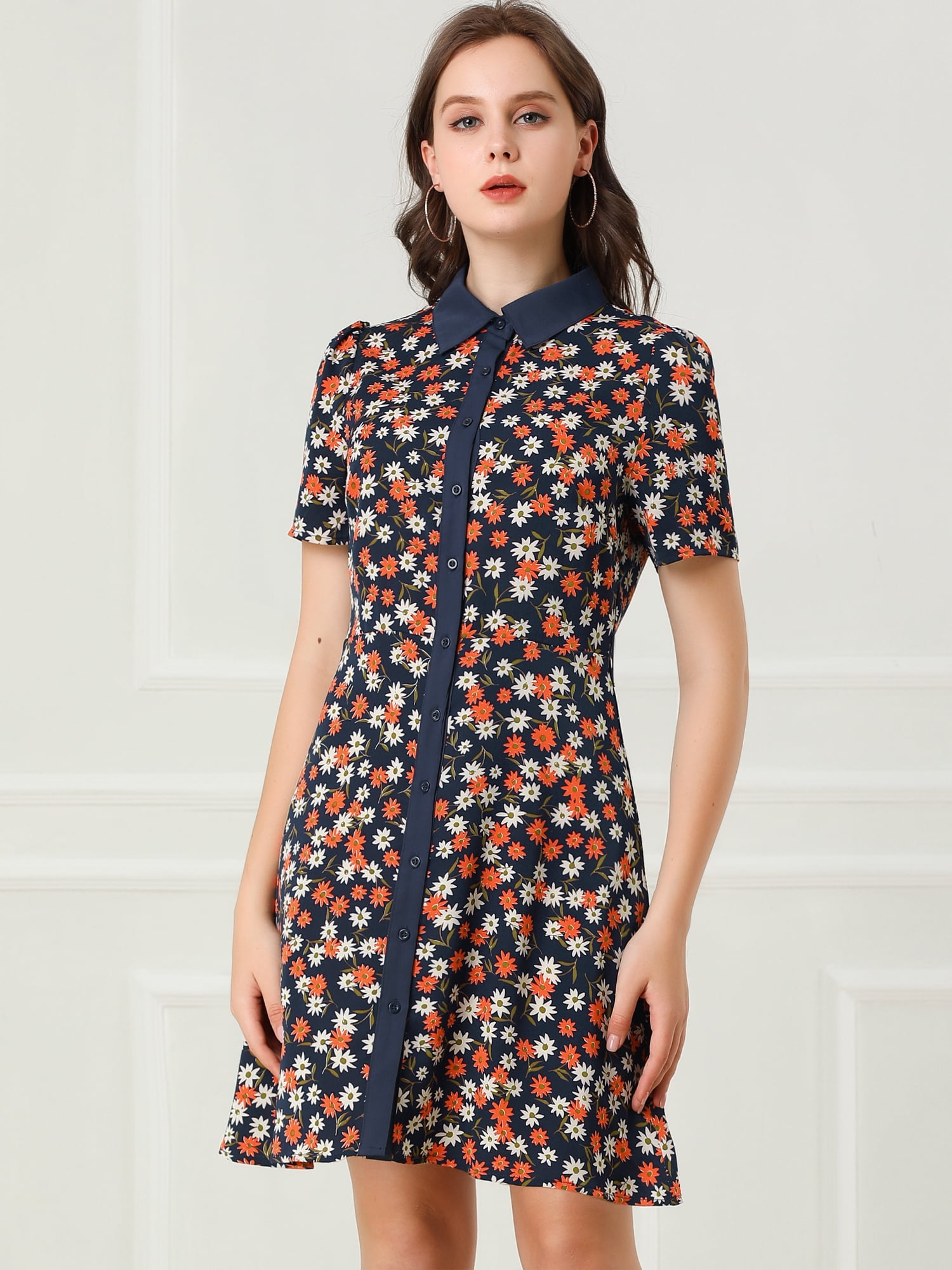 DARING DIVA  Contrast Collar Short Sleeve Belt Shirt Dresses M Black