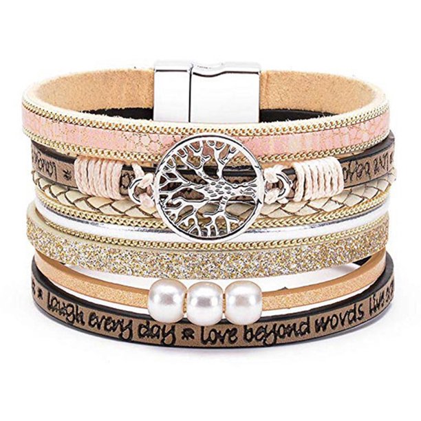 Pulsera de cuero de PU, pulsera de hebilla de imán de árbol de la vida de perlas MFZFUKR CPB-US-PSF1477-5