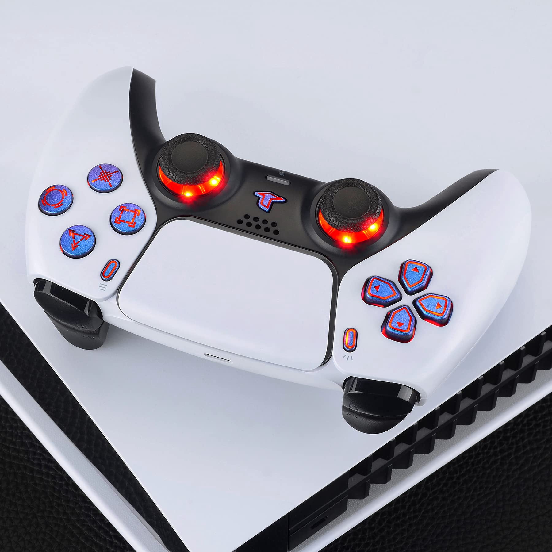 eXtremeRate Multi-Colors Luminated D-pad Thumbstick Option Face Buttons Chameleon Purple Blue Classical Symbols Buttons LED Kit for PS5 Controller