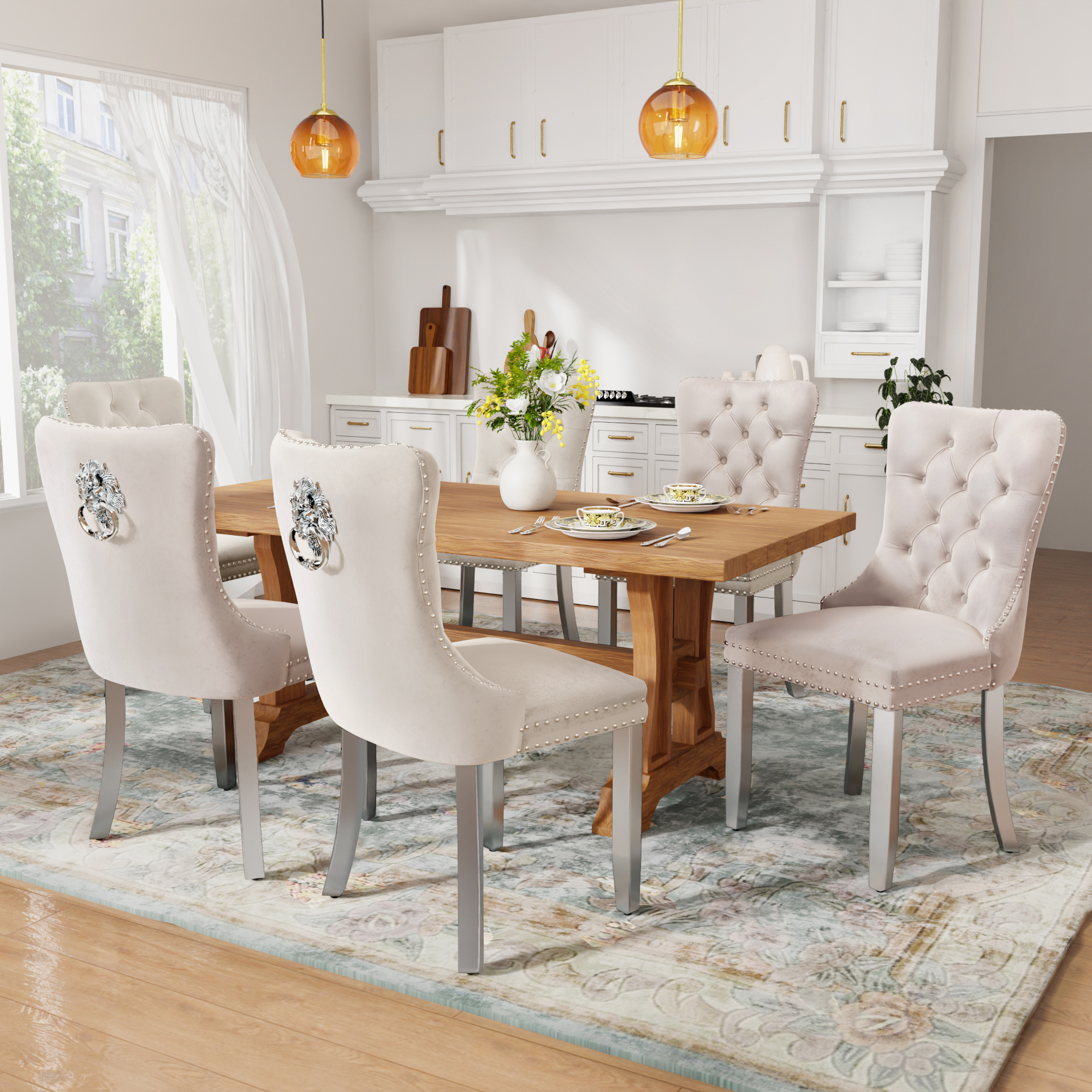 DONICK Velvet Upholstered Dining Chairs , Kitchen & Dining Room Chairs, Nailheads Tufted, Soft, Solid Wood Frame (Beige Silver, Set of 2)