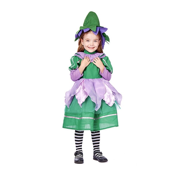 TRKIYQC Vestido de Disfraz de Halloween para niñas y niños, Jungle Goblin Puff Manga Larga Contraste de Color Vestido de múltiples Capas + Sombrero de pétalos TRKIYQC artístico