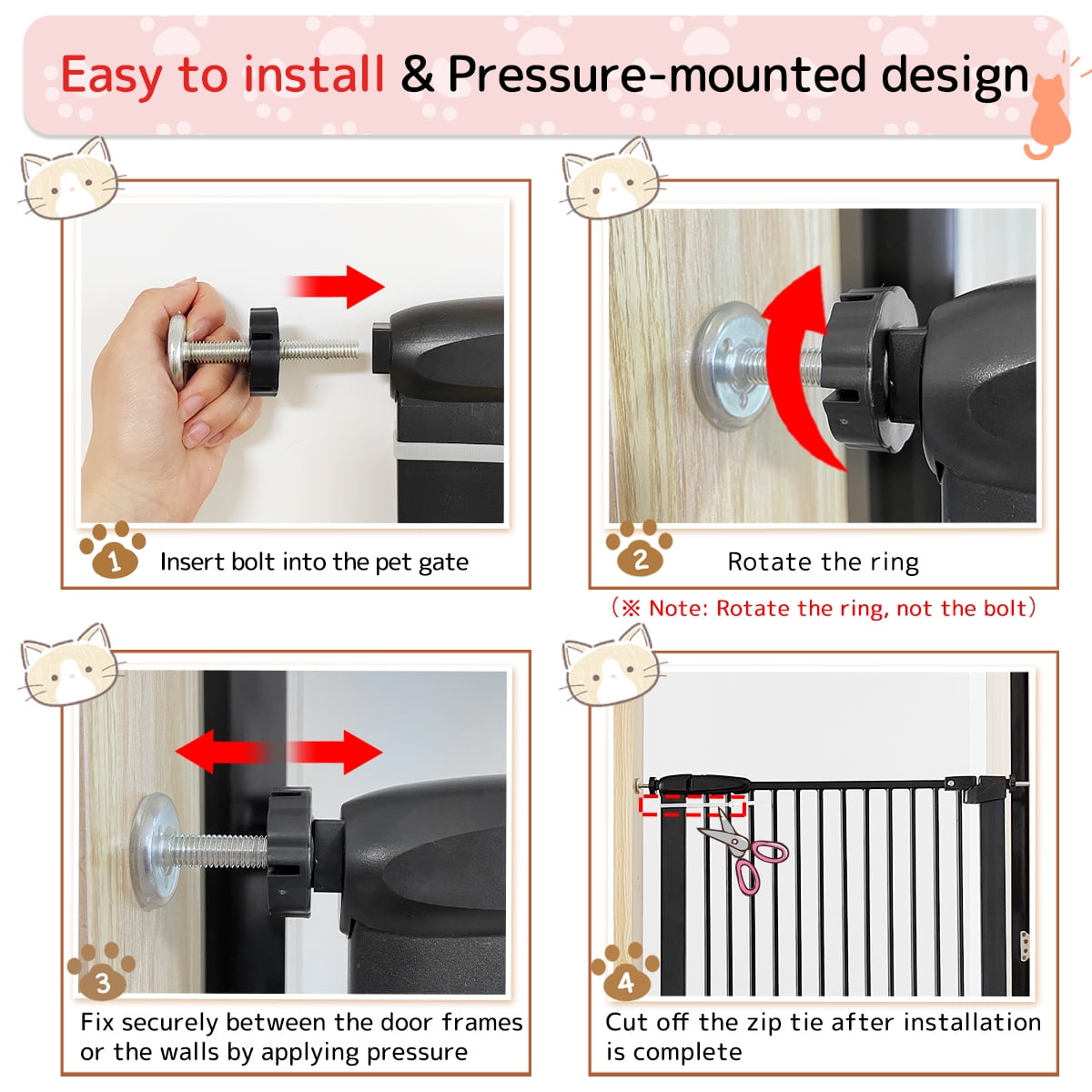 Lumizone Extra Tall Pet Gate 61.02" High Pressure Mounted 34.06"-38.38" Extra Wide 1.37" Gap for Cat Dog Children Stairs Doorway Hallway No Drilling Auto-Close (34.06"-38.38", Black)